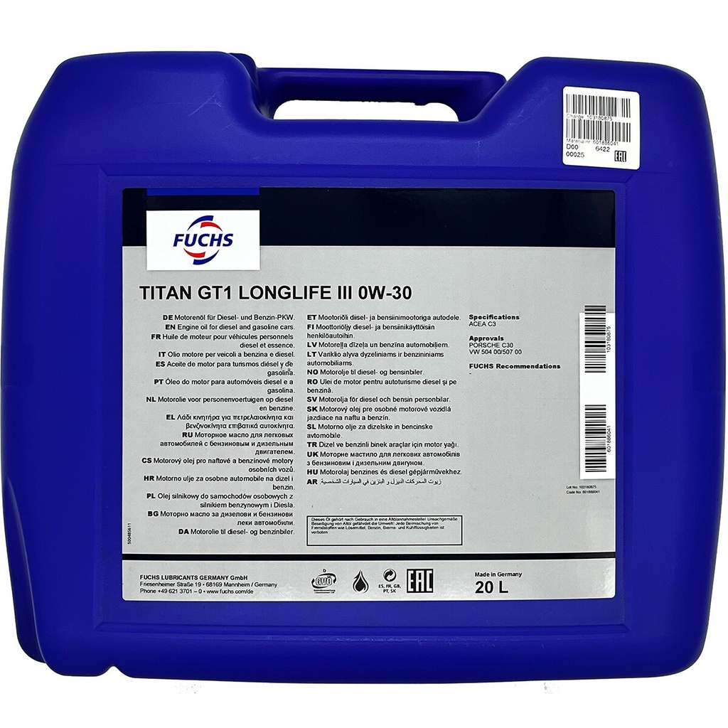 [601886041] FUCHS TITAN GT1 LONGLIFE III 0W-30 Can 20L
